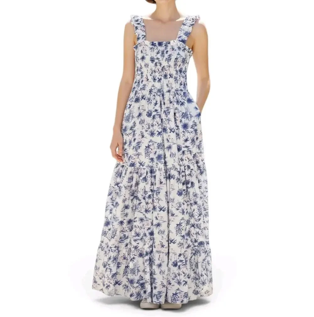 Abercrombie & Fitch Tiered Maxi Dress Smocked Palm Tress Bkue White Size Medium